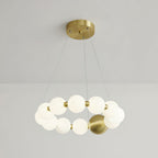A compact Clérachic chandelier with a double-turn ring of lit globes, under a round brass ceiling plate.