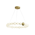 A wide single-ring Clérachic chandelier of white globes with one brass sphere, on a plain white backdrop.