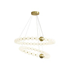 A Clérachic chandelier with two stacked spiral rings of white globes and two brass spheres, hung low on a white background.