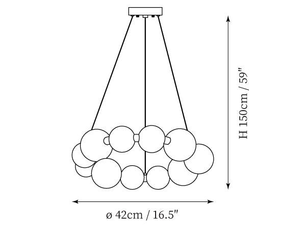 Clérachic pendant light dimension drawing, 1 of 5, every measurement marked in centimetres and inches.
