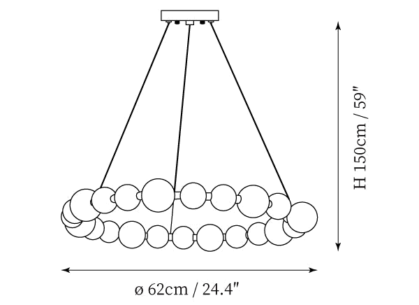 Clérachic pendant light dimension drawing, 2 of 5, every measurement marked in centimetres and inches.