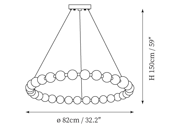 Clérachic pendant light dimension drawing, 3 of 5, every measurement marked in centimetres and inches.
