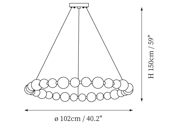 Clérachic pendant light dimension drawing, 4 of 5, every measurement marked in centimetres and inches.