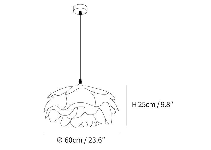 Clérachic pendant light dimension drawing, every measurement marked in centimetres and inches.