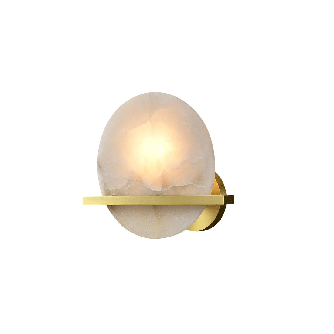 Clérachic White Alabaster Wall Sconce lit on a plain white studio background, its brass bar crossing the glowing stone disc.