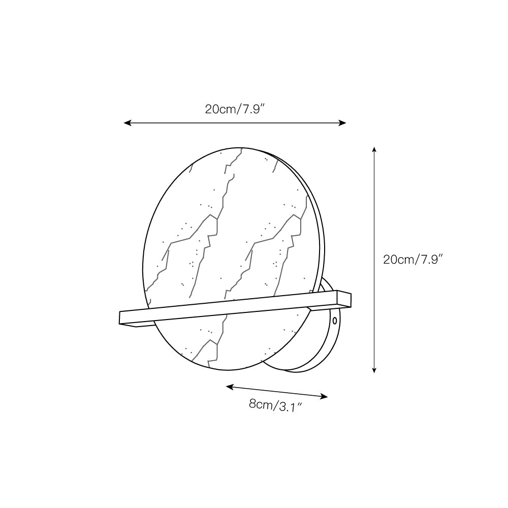 Dimension drawing for the Clérachic White Alabaster Wall Sconce, 20cm/7.9″ wide, 20cm/7.9″ high and 8cm/3.1″ deep.