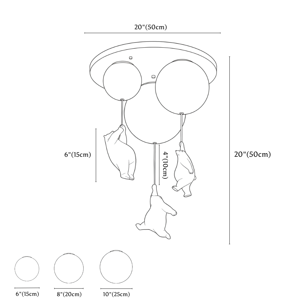 Clérachic ceiling light dimension drawing, Combination, every measurement marked in centimetres and inches.