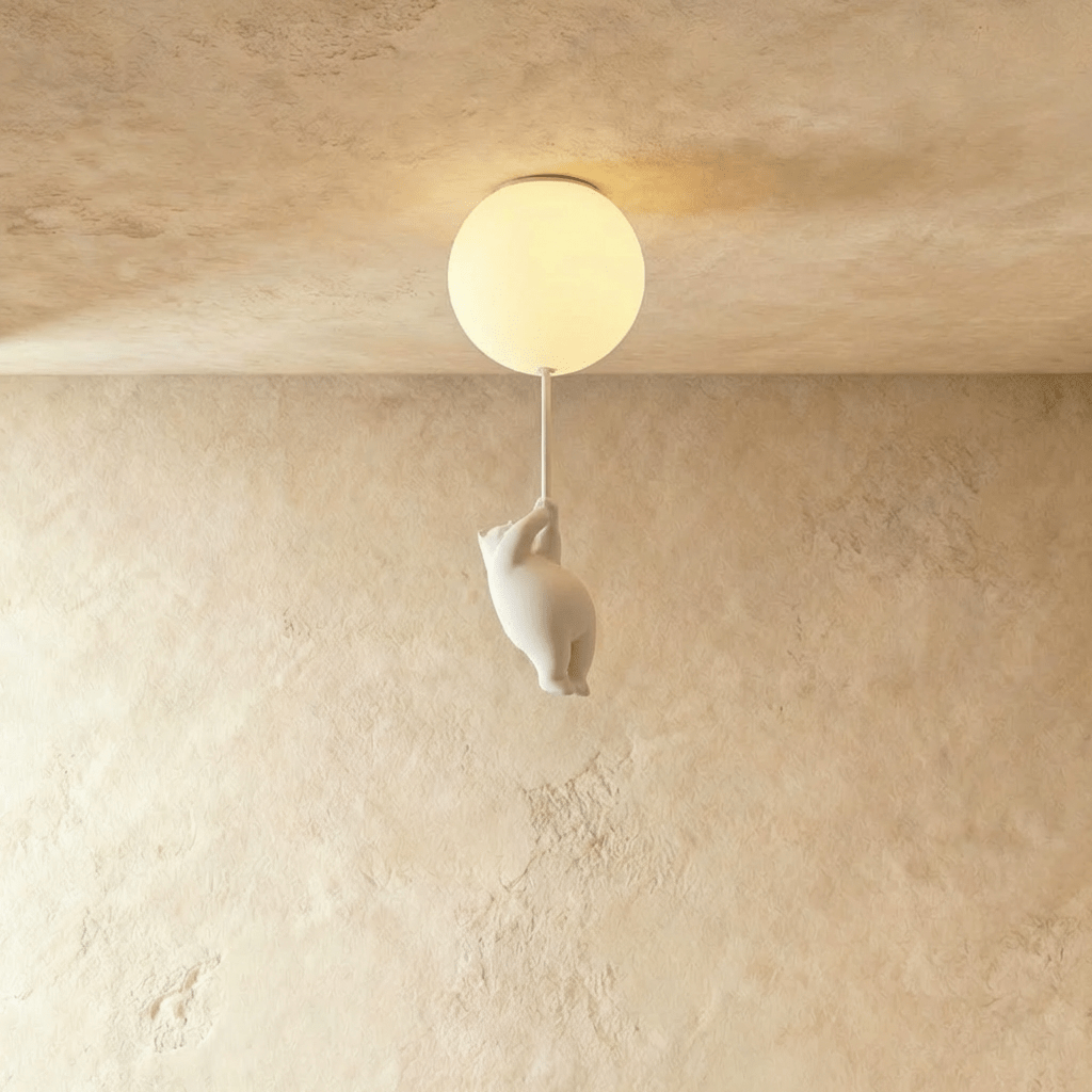 Clérachic white ceramic bear figurine climbs a cord beneath a frosted glass globe flush-mounted to a plaster ceiling.