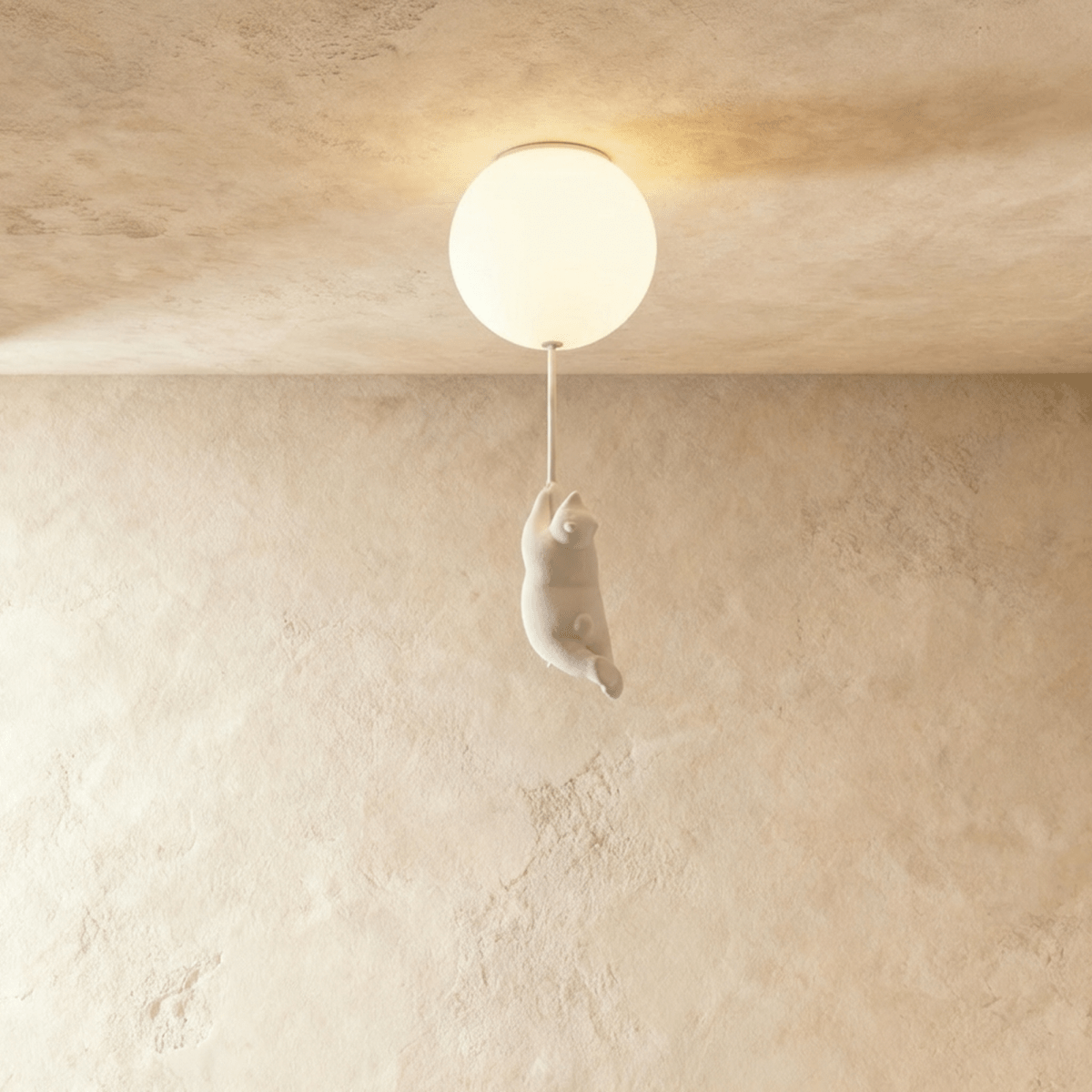 Clérachic bear figurine reaches up toward a lit frosted glass globe fixed flush against a plaster ceiling.
