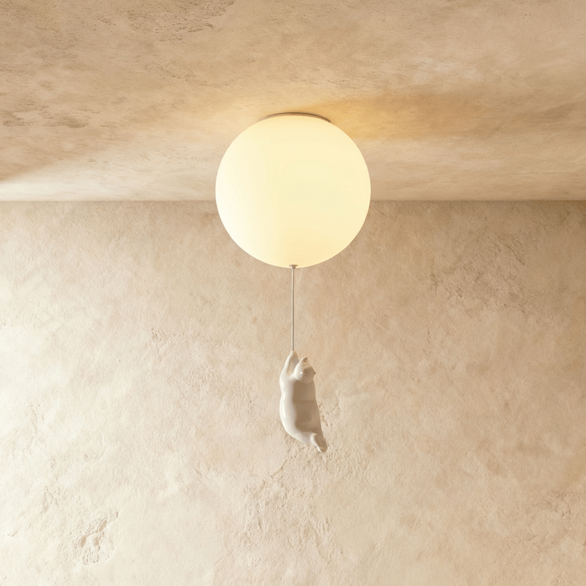 Clérachic ceiling light globe glows softly above a white bear figurine hanging by its front paws on the cord.
