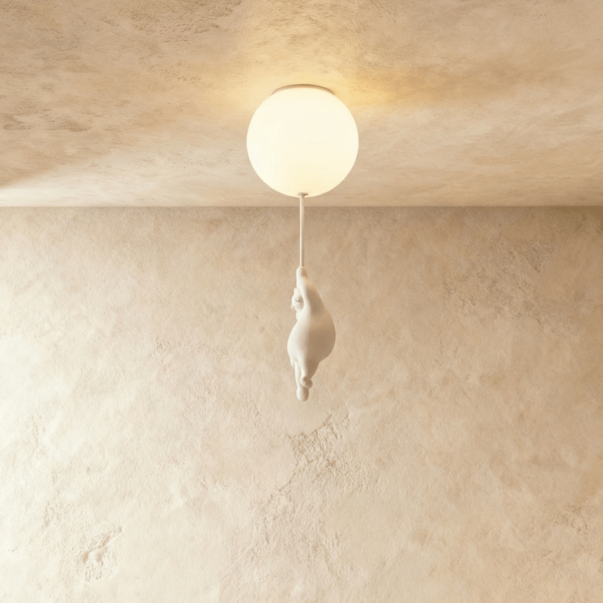 Clérachic bear balloon design close-up shows the figurine climbing under a warm, glowing frosted glass globe.
