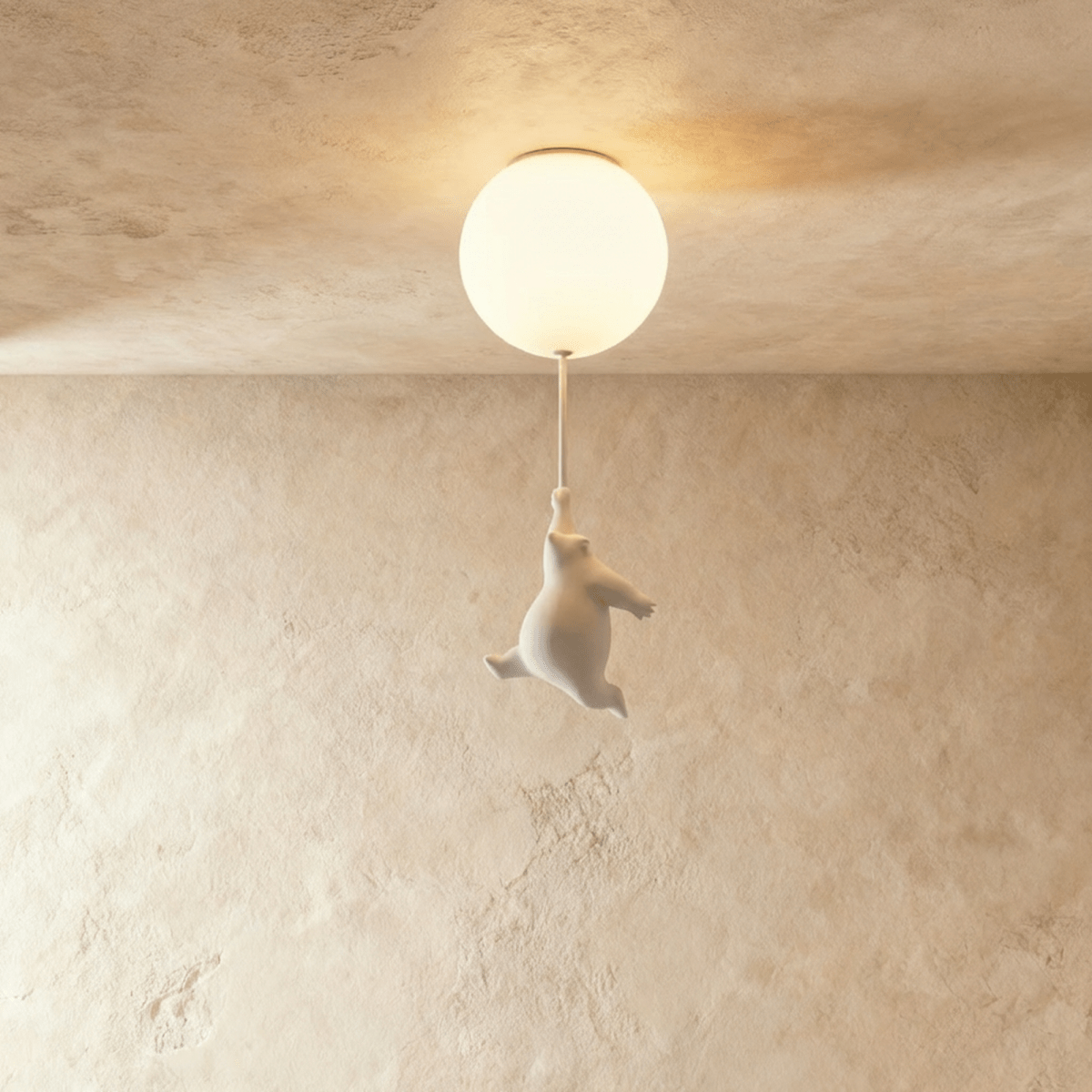 Clérachic white bear figurine dangles from a cord under a frosted glass globe on a soft plaster backdrop.