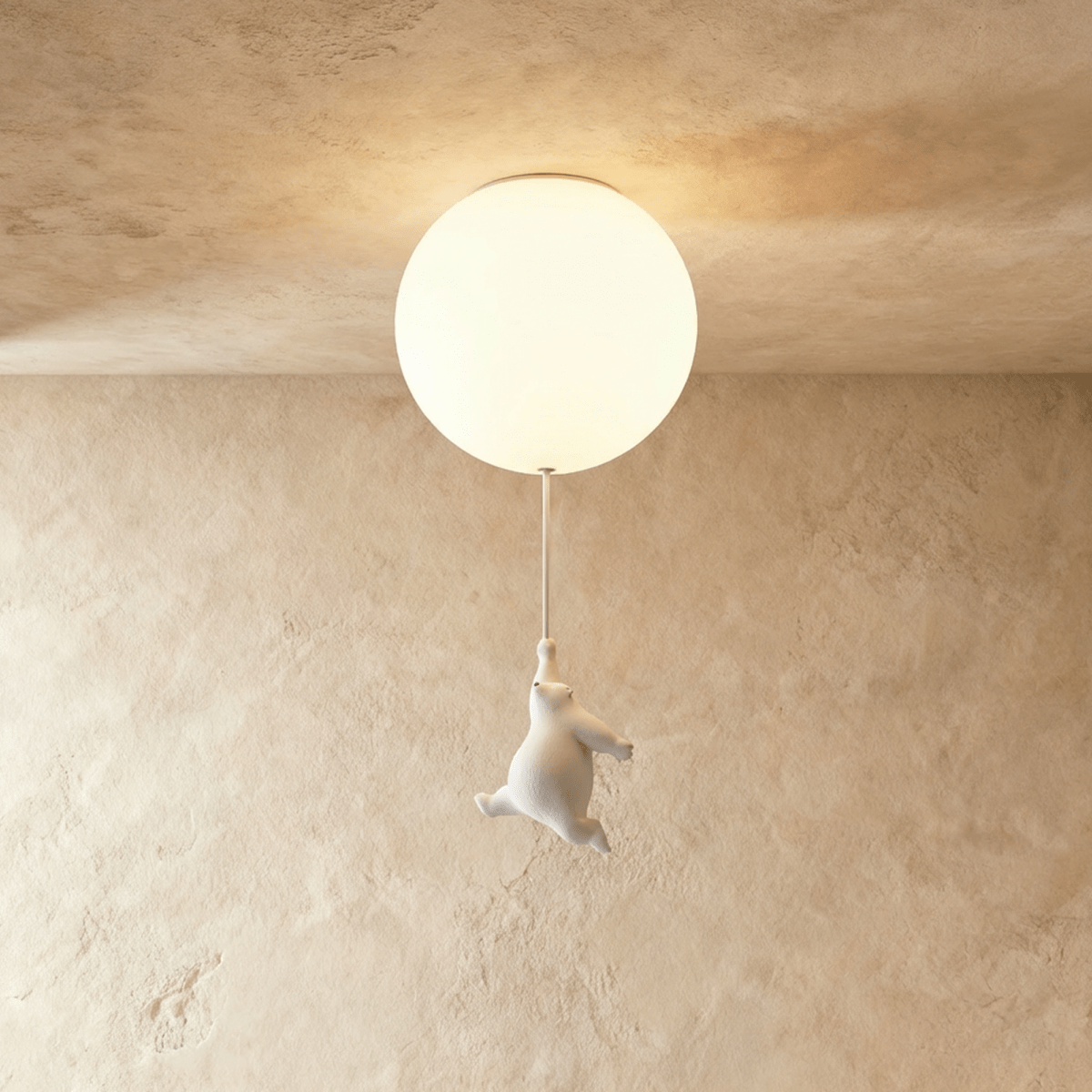 Clérachic bear balloon ceiling light glows above a figurine reaching upward toward the frosted glass globe.