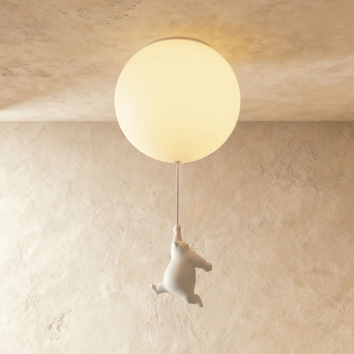 Clérachic ceramic bear figurine mid-climb below a single warm-lit frosted glass globe on a plaster ceiling.