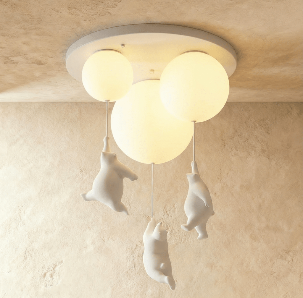 Clérachic combination bear balloon light with three frosted glass globes, figurines climbing their cords.