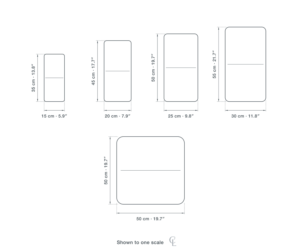 Technical dimension drawing of the Clérachic White Ceiling Light for Bedroom, Bear Balloon Design, 30 cm Wide in 5 sizes — 15 × 35 cm (5.9 × 13.8″), 20 × 45 cm (7.9 × 17.7″), 25 × 50 cm (9.8 × 19.7″), 30 × 55 cm (11.8 × 21.7″), 50 × 50 cm (19.7 × 19.7″), drawn to one scale.