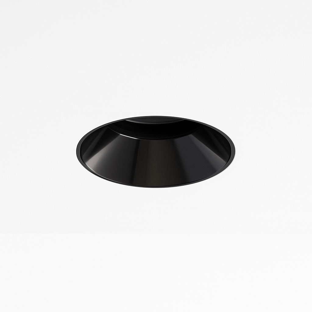 Clérachic trimless downlight in matte black, deep anti-glare cone flush-mounted with no visible trim ring, shown from below.