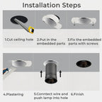 Six-step installation diagram for the Clérachic trimless downlight, from cutting the ceiling hole to the finished black trim.