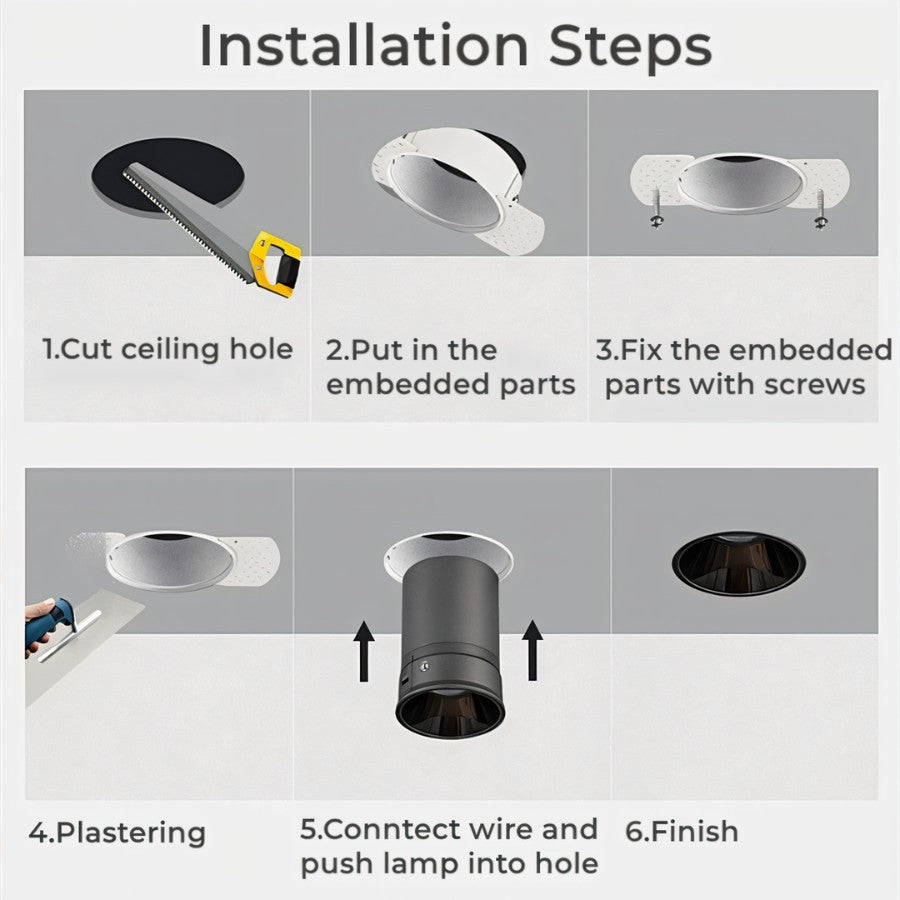 Six-step installation diagram for the Clérachic trimless downlight, from cutting the ceiling hole to the finished black trim.