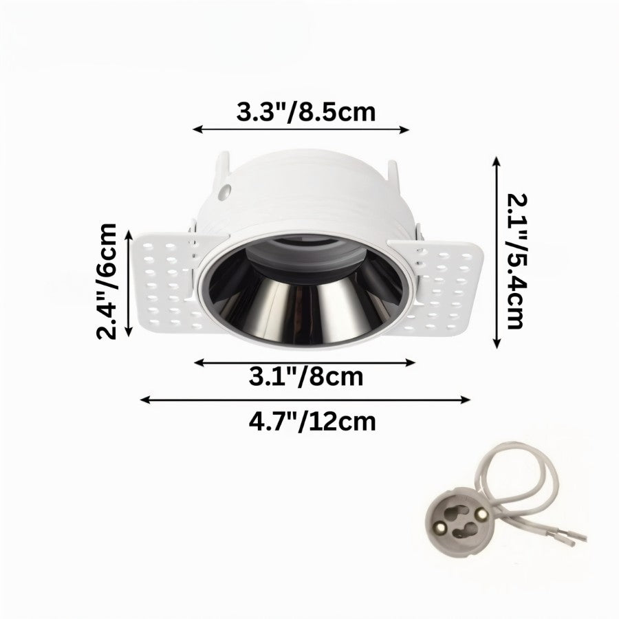 Dimension diagram for the Clérachic trimless downlight, 12 cm outer plate and 8 cm black cone, with the GU10 connector shown.
