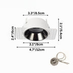 Dimension diagram for the Clérachic trimless downlight, 12 cm outer plate and 8 cm black cone, with the GU10 connector shown.