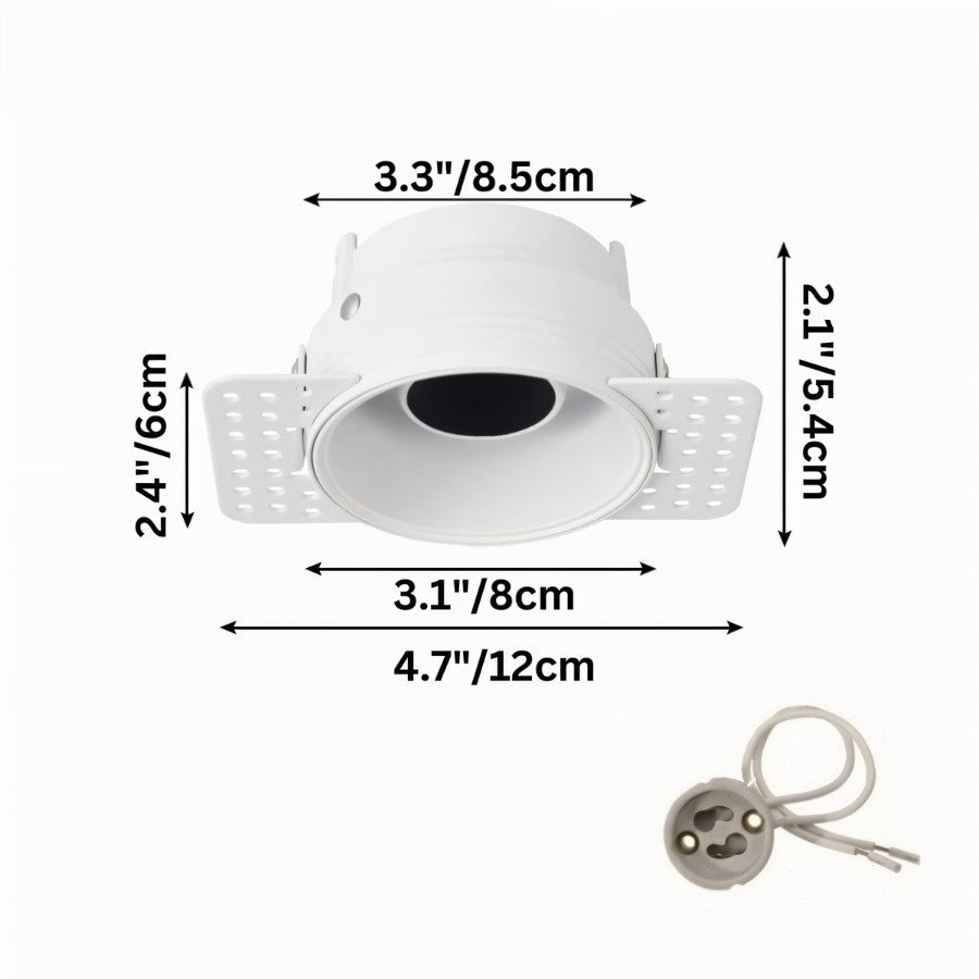 Dimension diagram for the Clérachic trimless downlight in white, 12 cm plate and 8 cm cone opening, GU10 connector included.