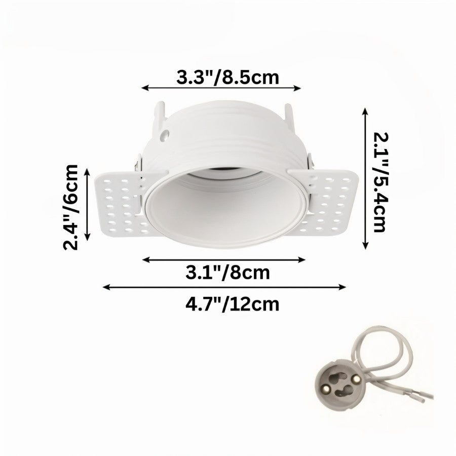 A second dimension view of the Clérachic trimless downlight's white cone, 12 cm plate width and 8 cm reflector diameter.