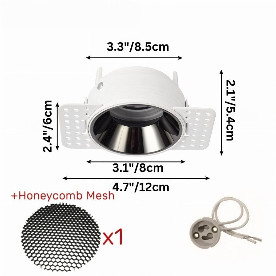 Clérachic trimless downlight dimensions with the honeycomb anti-glare mesh insert shown beside the 12 cm black cone housing.