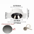Clérachic trimless downlight dimensions with the honeycomb anti-glare mesh insert shown beside the 12 cm black cone housing.