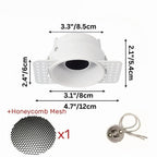Clérachic trimless downlight in white with the honeycomb anti-glare mesh accessory shown next to its 12 cm plaster-in plate.