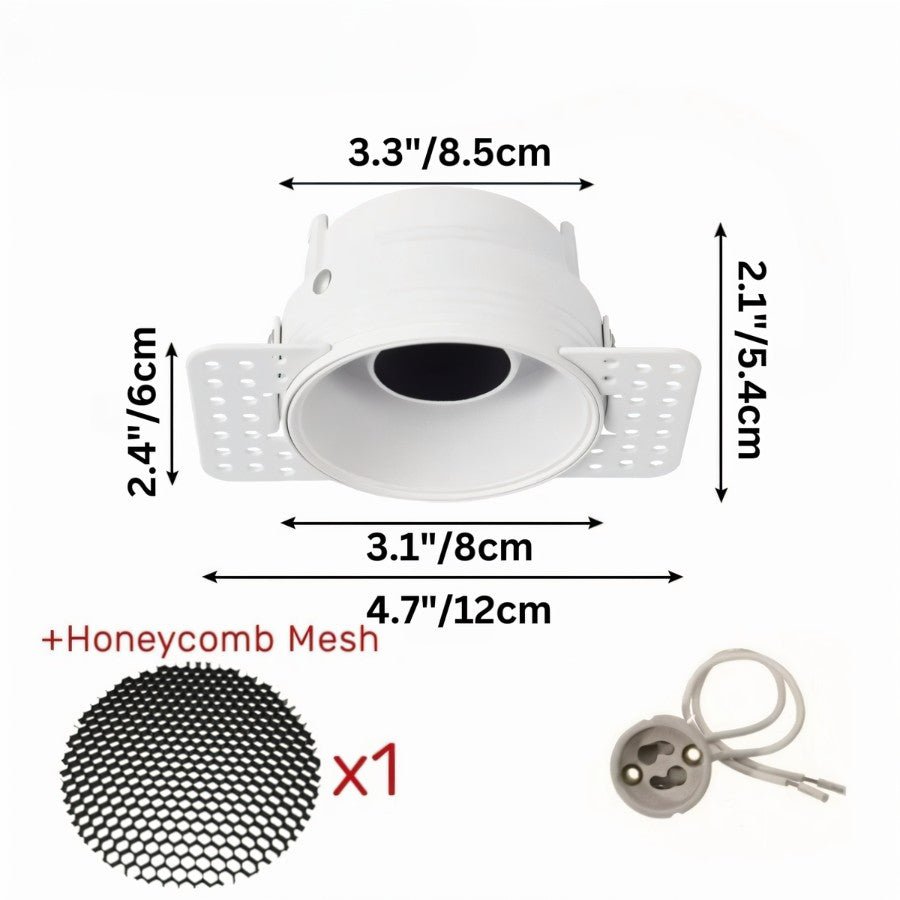 Clérachic trimless downlight in white with the honeycomb anti-glare mesh accessory shown next to its 12 cm plaster-in plate.