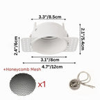 Another dimension view of the Clérachic single trimless downlight paired with its honeycomb mesh insert and GU10 connector.