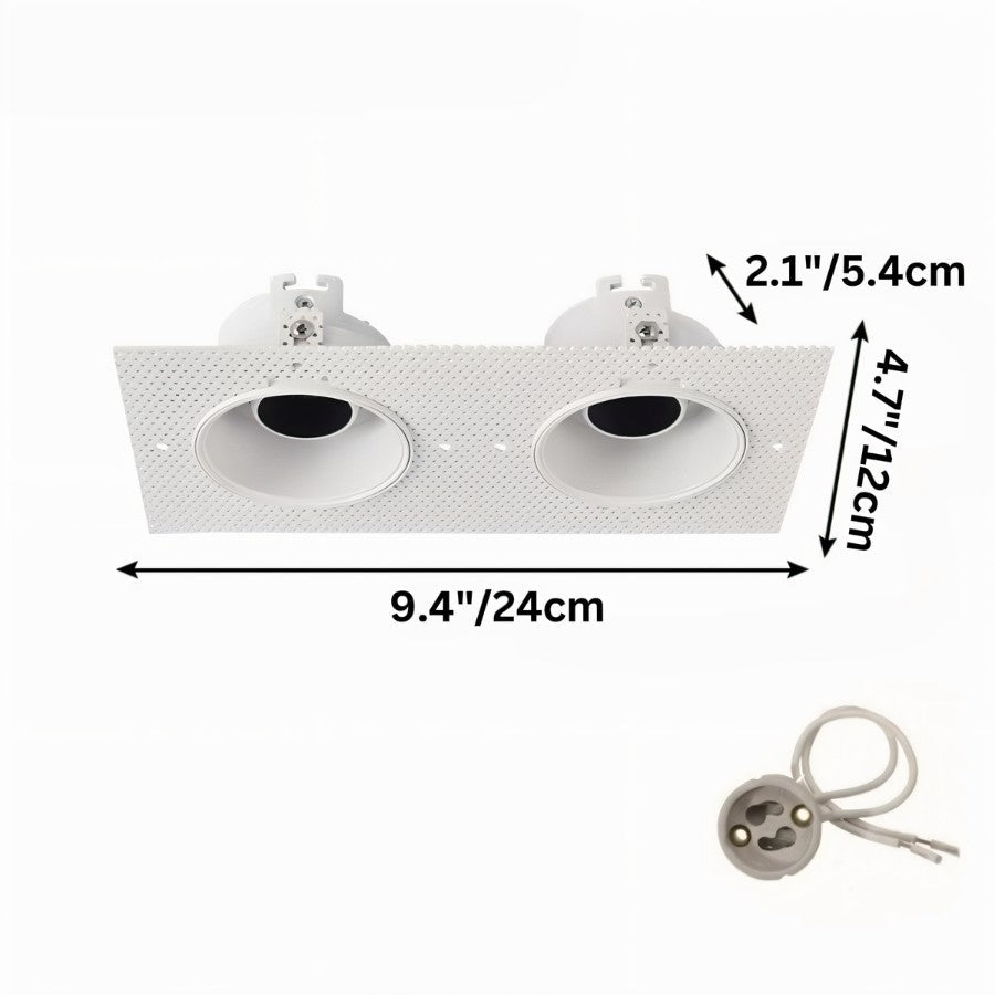 Clérachic double trimless downlight dimensions, 24 cm plate holding two 8 cm black cones side by side.