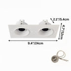 Clérachic double trimless downlight dimensions, 24 cm plate holding two 8 cm black cones side by side.