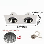 Clérachic double trimless downlight with two honeycomb anti-glare mesh inserts shown beside its black 24 cm fixture plate.