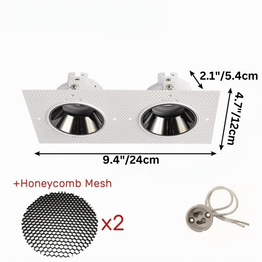 Clérachic double trimless downlight with two honeycomb anti-glare mesh inserts shown beside its black 24 cm fixture plate.