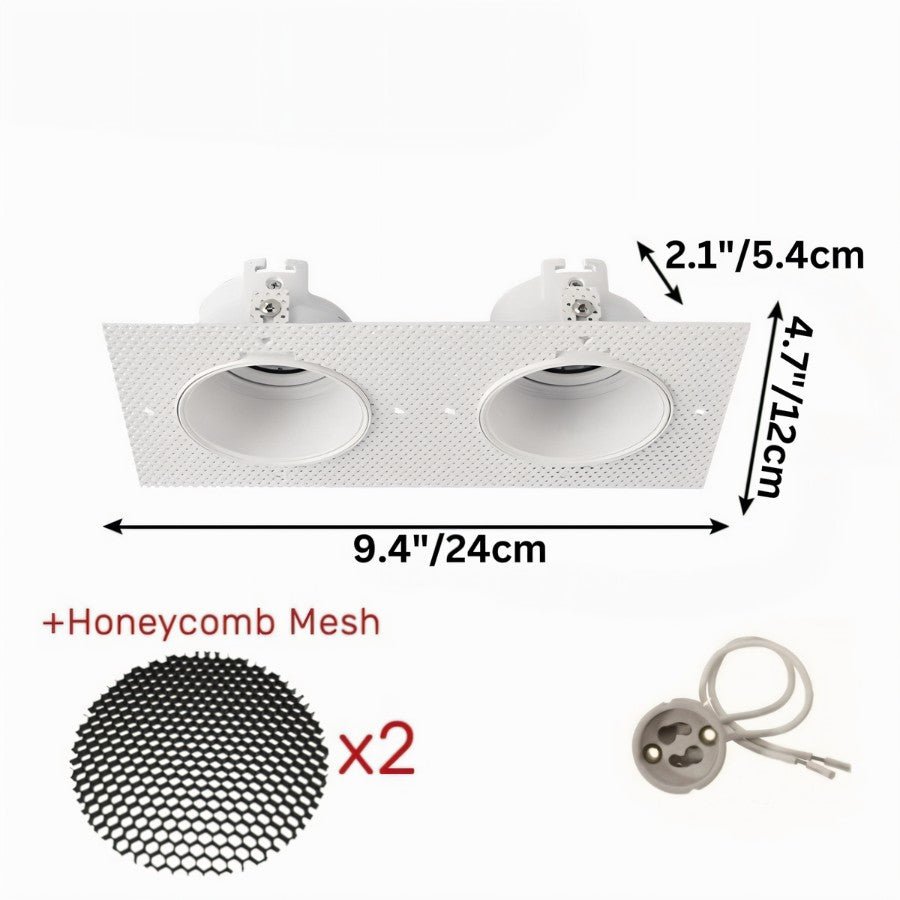 A final dimension view of the Clérachic double trimless downlight with its two honeycomb mesh accessories and GU10 leads.