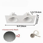 A final dimension view of the Clérachic double trimless downlight with its two honeycomb mesh accessories and GU10 leads.