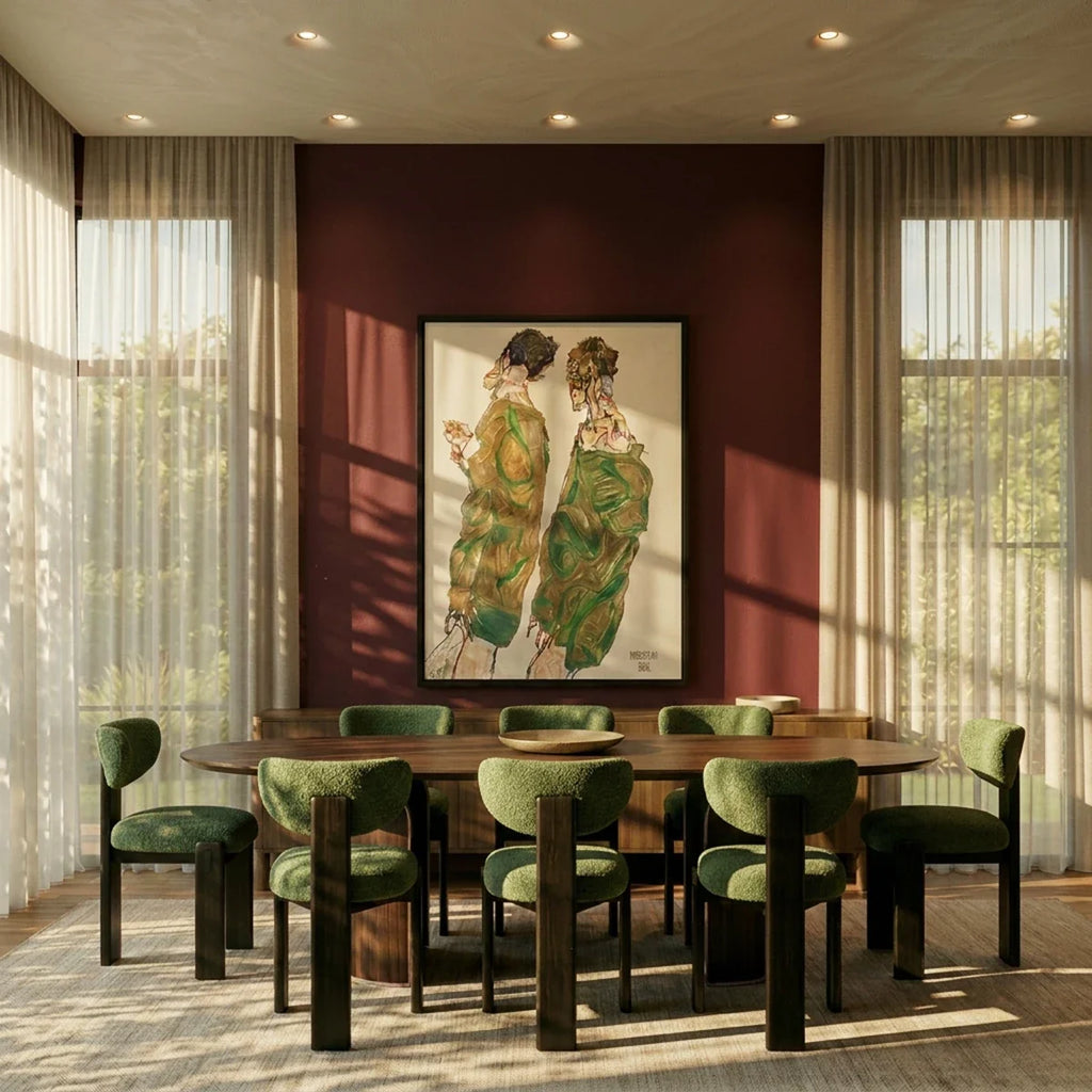 Clérachic trimless recessed downlights set flush into a dining room ceiling, lighting a framed figure painting.