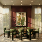 Clérachic trimless recessed downlights set flush into a dining room ceiling, lighting a framed figure painting.