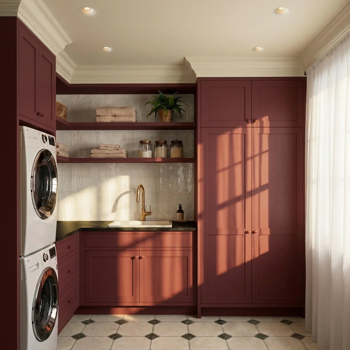 Clérachic trimless recessed downlights set into a burgundy laundry room ceiling above open shelving.