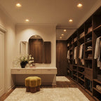 Clérachic trimless recessed downlights lighting a dressing room ceiling above a vanity mirror and closet shelving.