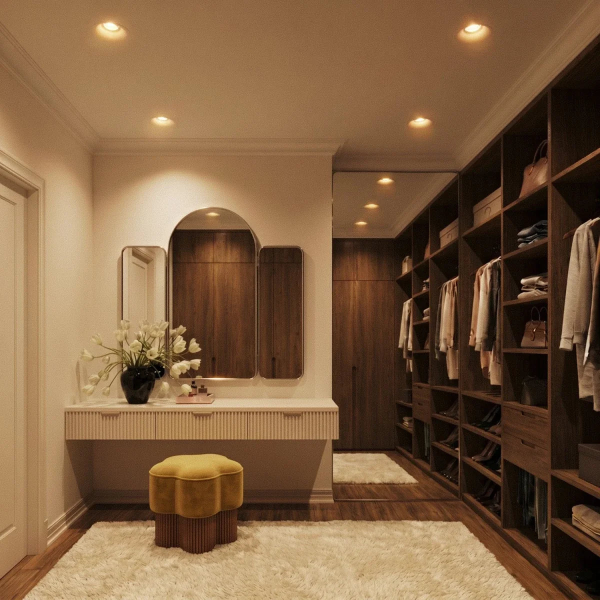 Clérachic trimless recessed downlights lighting a dressing room ceiling above a vanity mirror and closet shelving.