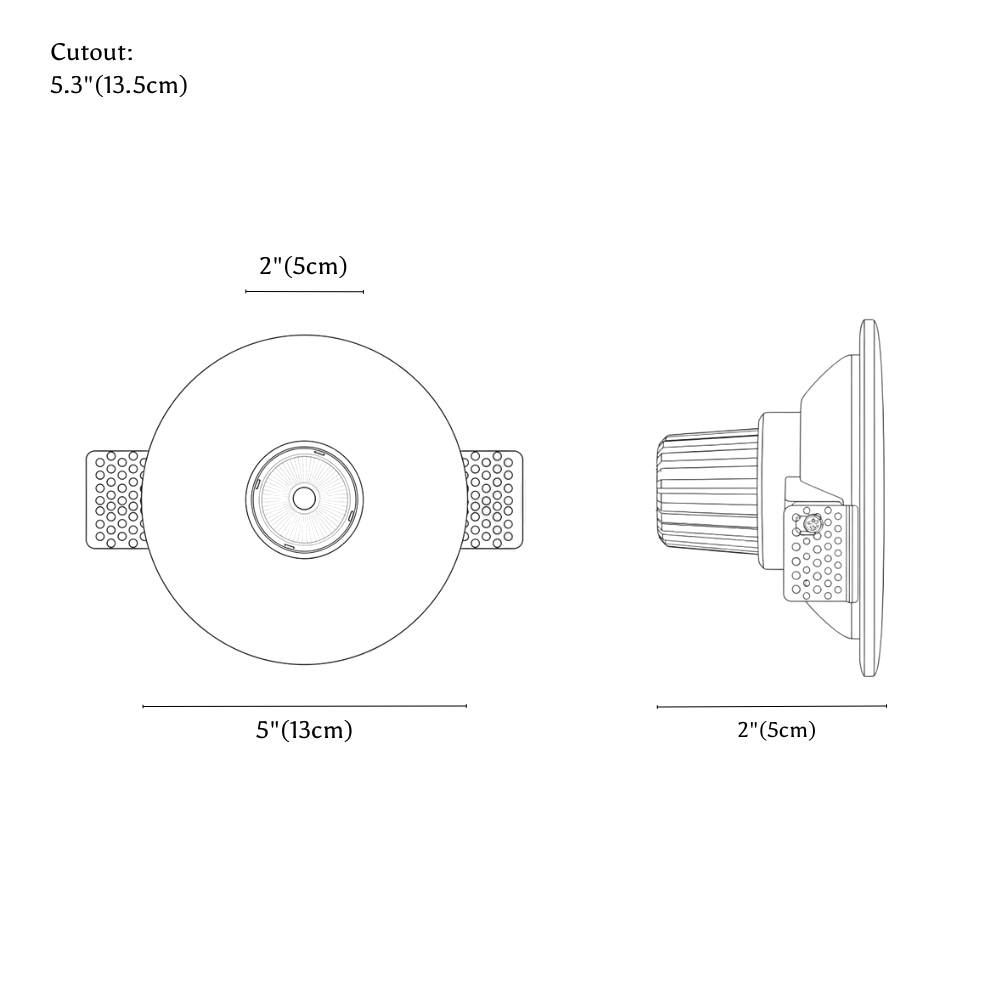 Clérachic ceiling light dimension drawing, every measurement marked in centimetres and inches.
