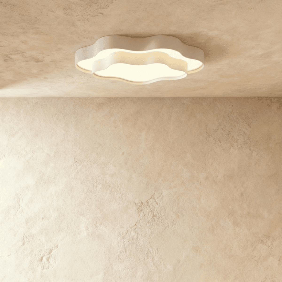 Clérachic white wavy-edged ceiling light with a soft frosted acrylic panel, mounted flat on a plaster-effect ceiling.