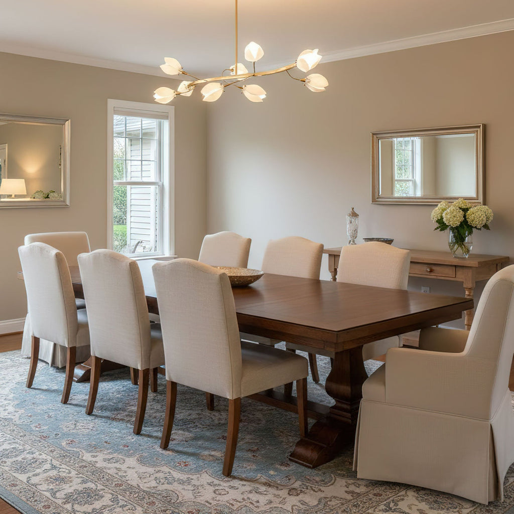 A branching Clérachic chandelier with white petal shades above a dark wood dining table and linen chairs, on a patterned blue rug.