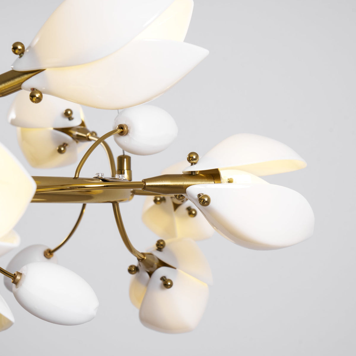 Close view of the gold ring, brass fittings and white ceramic petal and bud shades of this Clérachic chandelier on a grey backdrop.