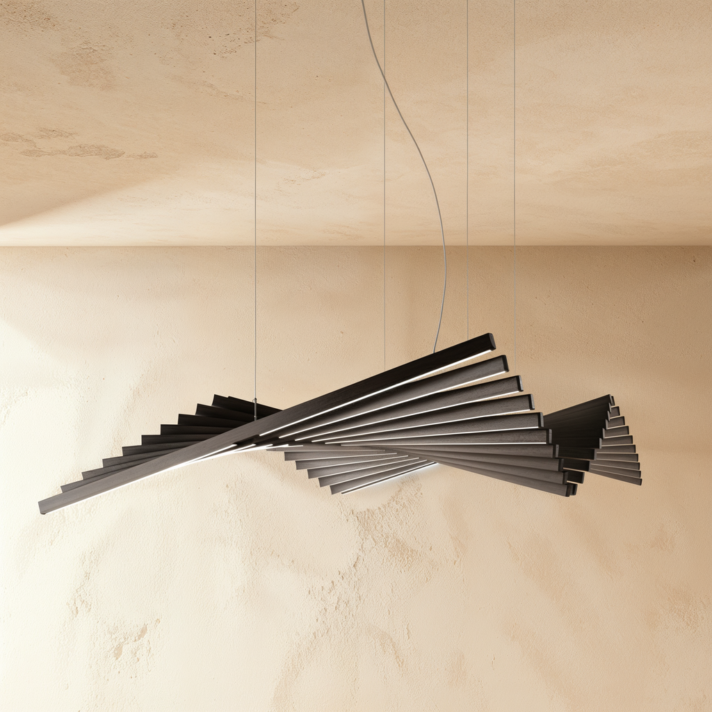 This Clérachic bar chandelier spreads its dark bars into a wide double fan against a sandy plaster backdrop.