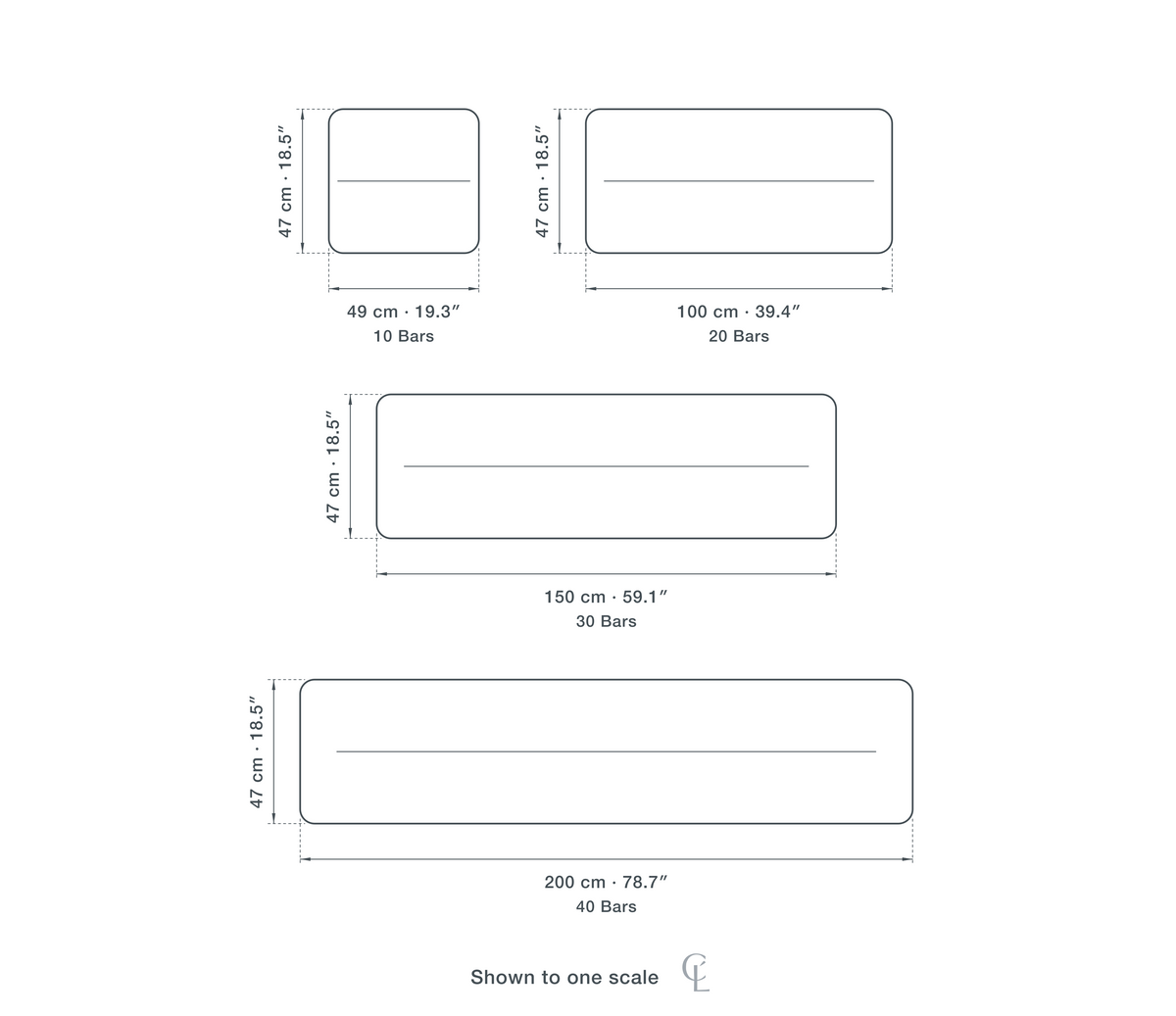 Technical dimension drawing of the Clérachic White Chandelier for Living Room, Rotating Bars, 150 cm Long in 4 sizes — 10 Bars at 49 × 47 cm (19.3 × 18.5″), 20 Bars at 100 × 47 cm (39.4 × 18.5″), 30 Bars at 150 × 47 cm (59.1 × 18.5″), 40 Bars at 200 × 47 cm (78.7 × 18.5″), drawn to one scale.