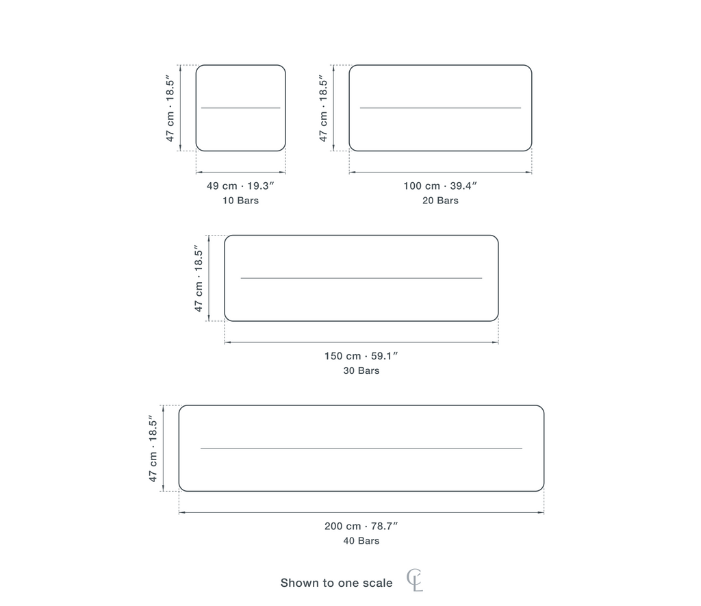 Technical dimension drawing of the Clérachic White Chandelier for Living Room, Rotating Bars, 150 cm Long in 4 sizes — 10 Bars at 49 × 47 cm (19.3 × 18.5″), 20 Bars at 100 × 47 cm (39.4 × 18.5″), 30 Bars at 150 × 47 cm (59.1 × 18.5″), 40 Bars at 200 × 47 cm (78.7 × 18.5″), drawn to one scale.